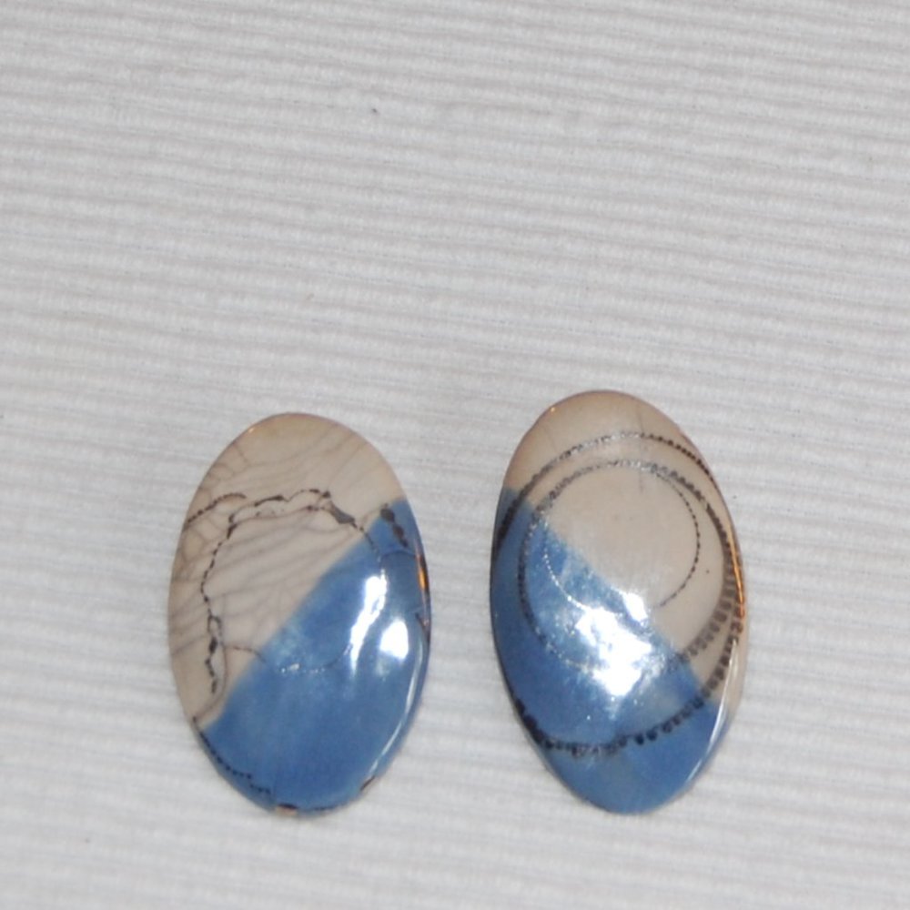 Enamel Pottery Post Earrings Silver/Blue/Cream Tones  Oval Shape